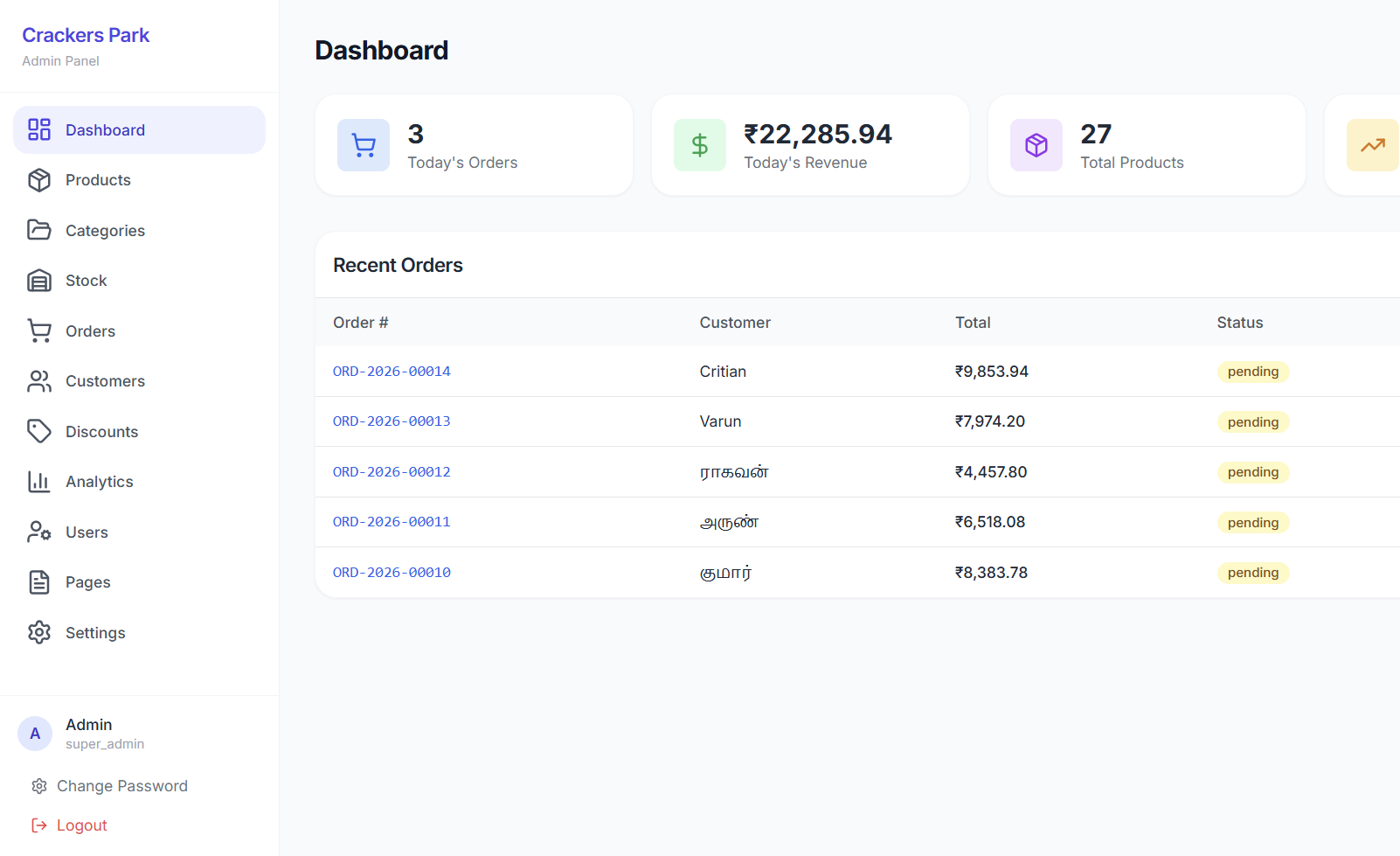Admin dashboard with product management